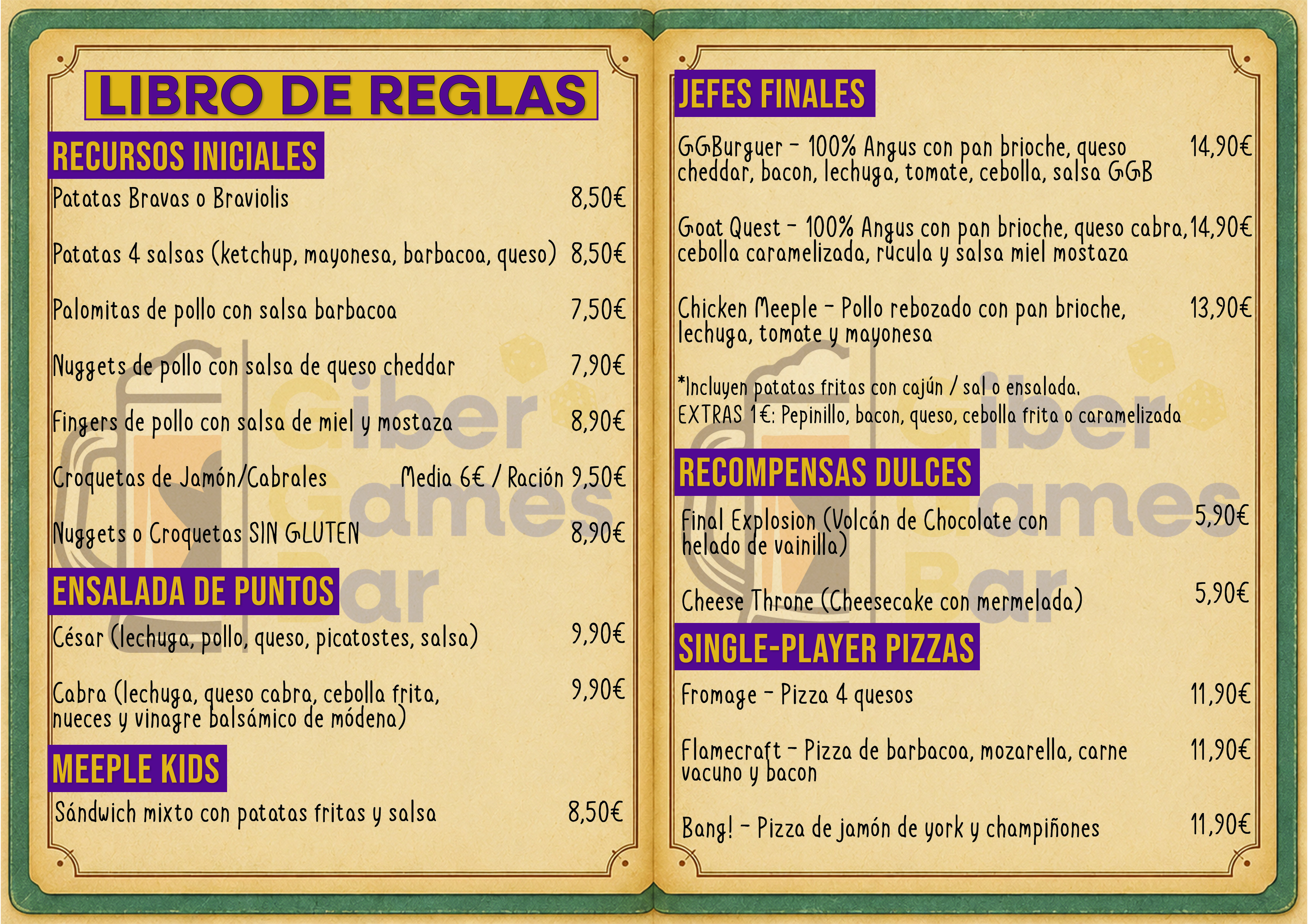 Carta de comida Giber Games Bar